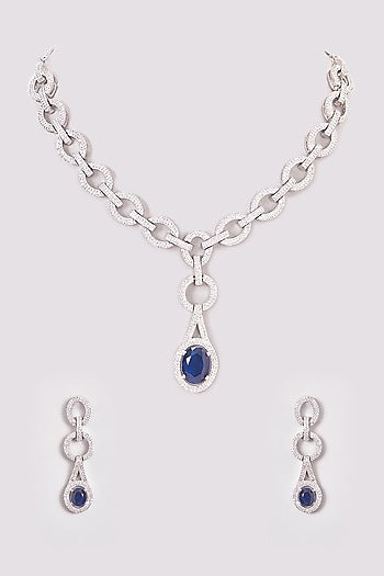 White Finish Zircon & Blue Stone Necklace Set