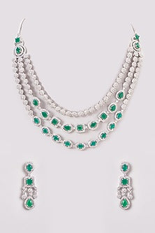 White Finish Zircon & Green Stone Layered Necklace Set
