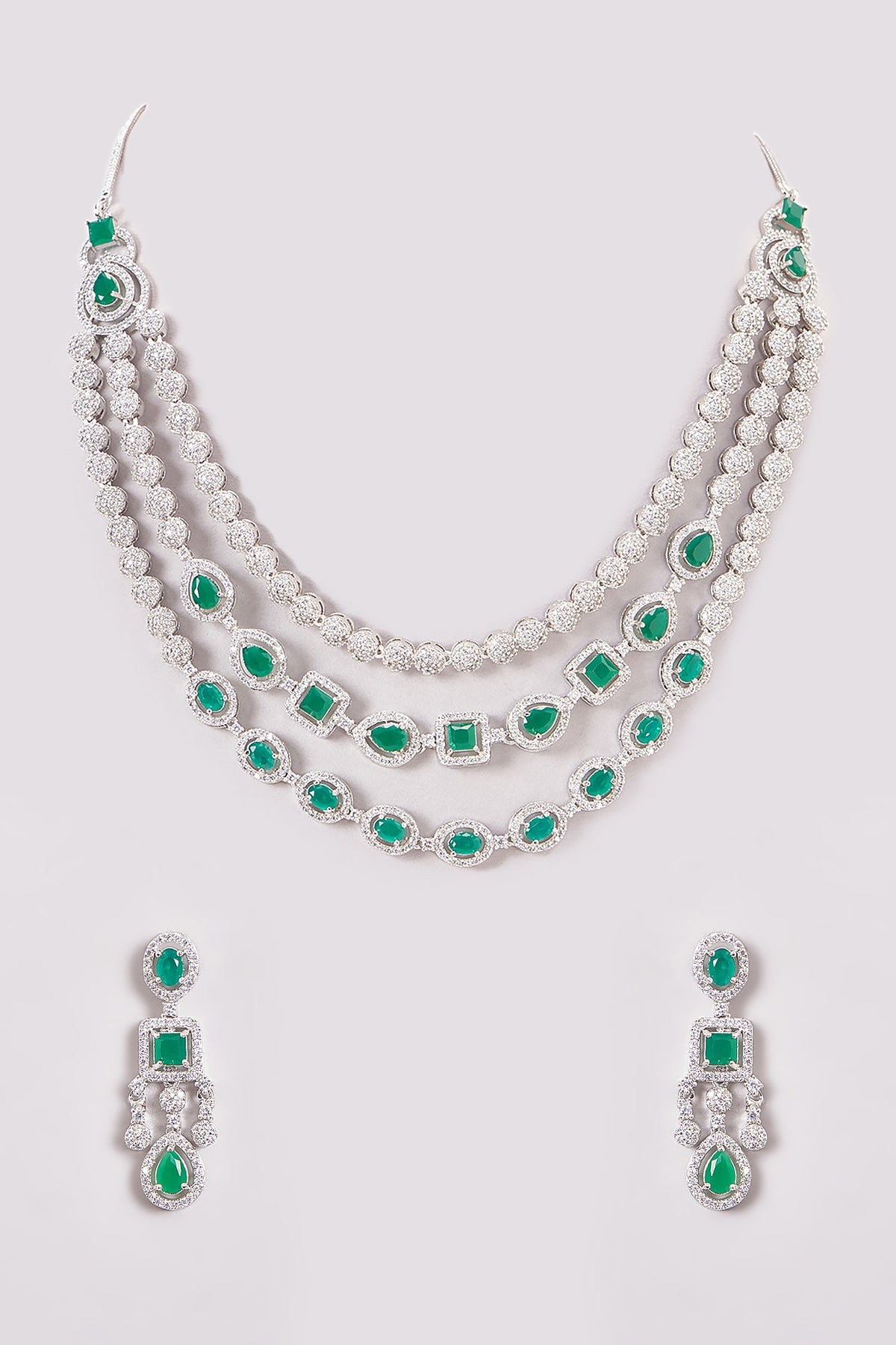 White Finish Zircon & Green Stone Layered Necklace Set