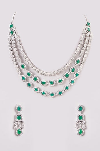 White Finish Zircon & Green Stone Layered Necklace Set