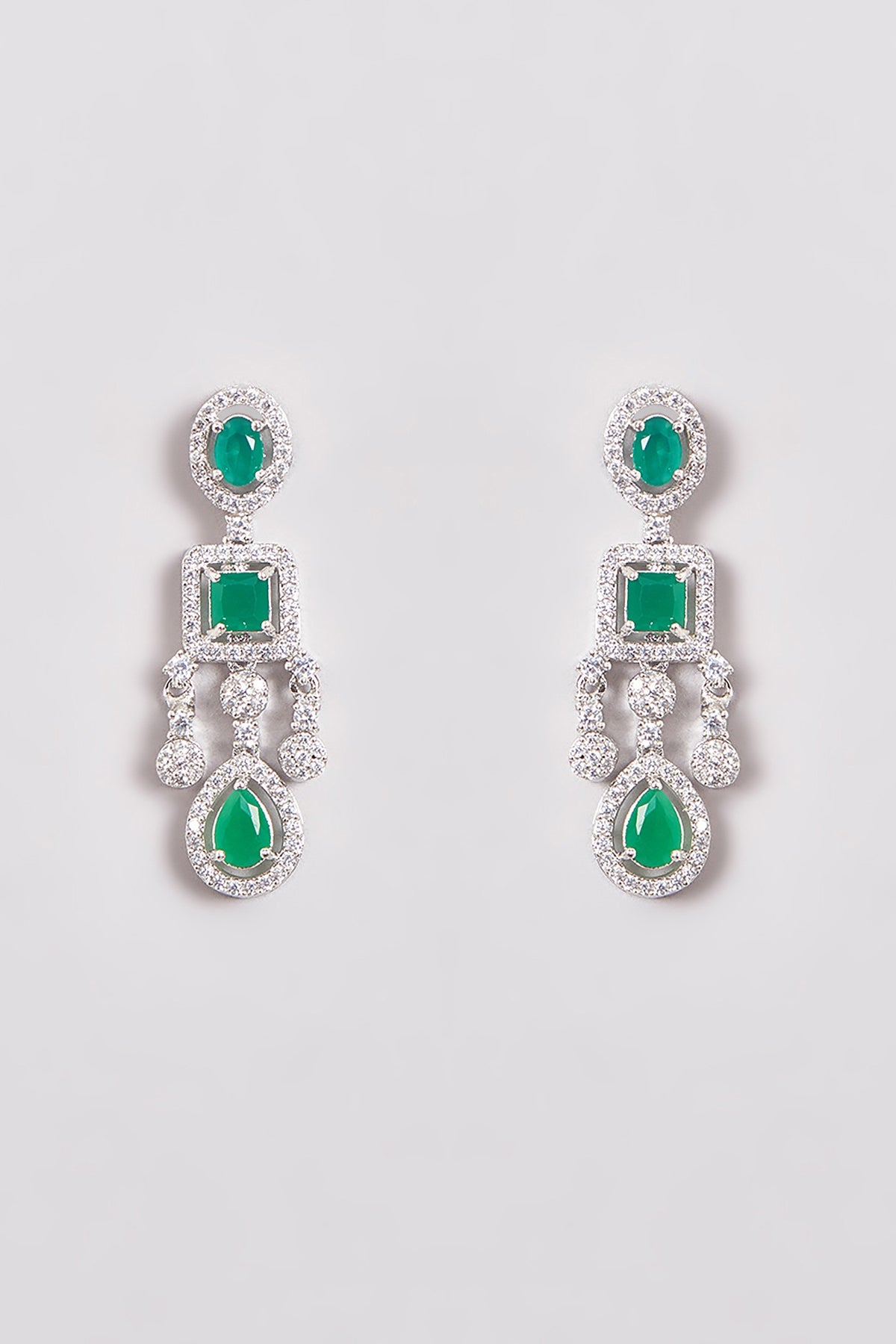 White Finish Zircon & Green Stone Layered Necklace Set