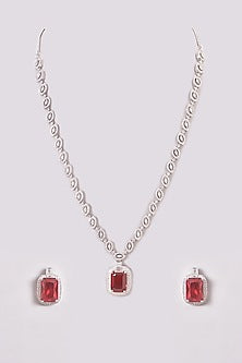 White Finish Zircon & Red Stone Long Necklace Set