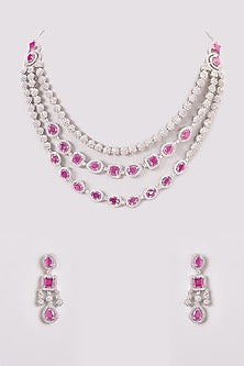 White Finish Zircon & Red Stone Layered Necklace Set