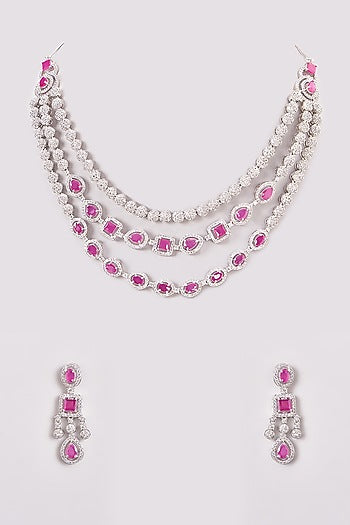 White Finish Zircon & Red Stone Layered Necklace Set