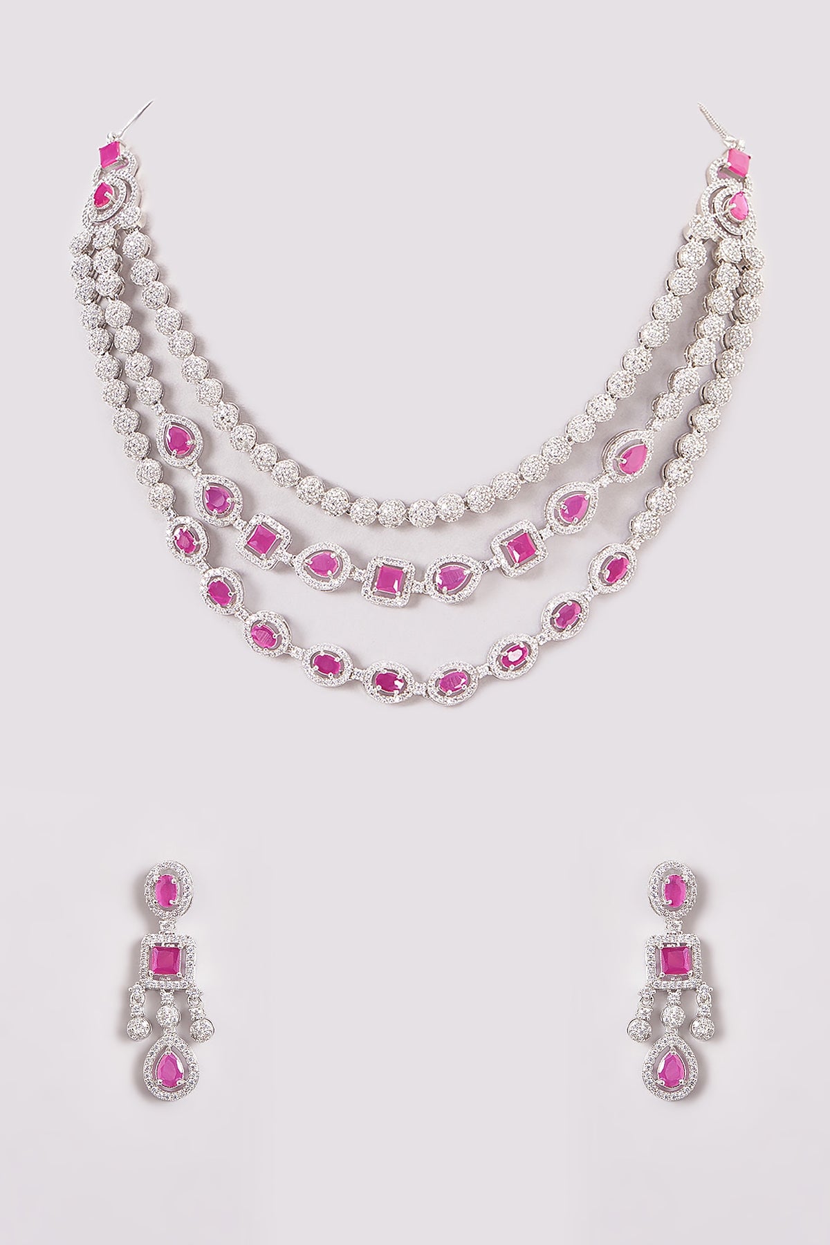 White Finish Zircon & Red Stone Layered Necklace Set