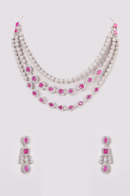 White Finish Zircon & Red Stone Layered Necklace Set