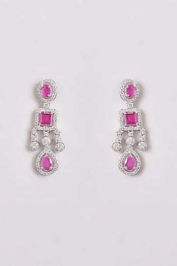 White Finish Zircon & Red Stone Layered Necklace Set