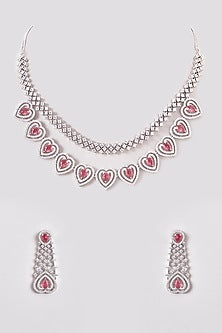 White Finish Zircon & Red Stone Layered Necklace Set