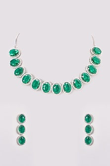 White Finish Zircon & Green Stone Necklace Set