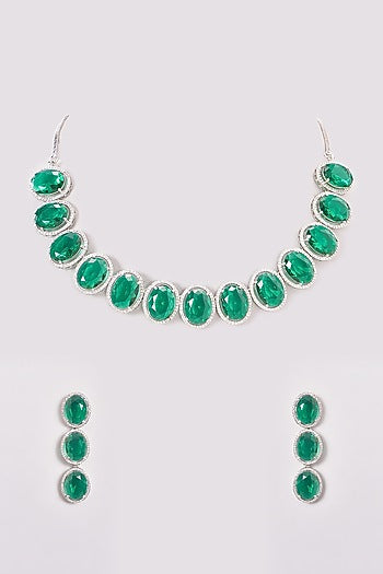 White Finish Zircon & Green Stone Necklace Set