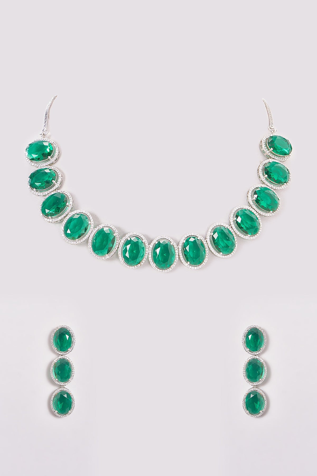 White Finish Zircon & Green Stone Necklace Set
