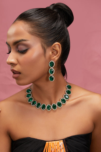 White Finish Zircon & Green Stone Necklace Set