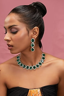 White Finish Zircon & Green Stone Necklace Set