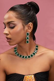 White Finish Zircon & Green Stone Necklace Set