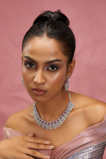 White Finish Zircon & Red Stone Necklace Set