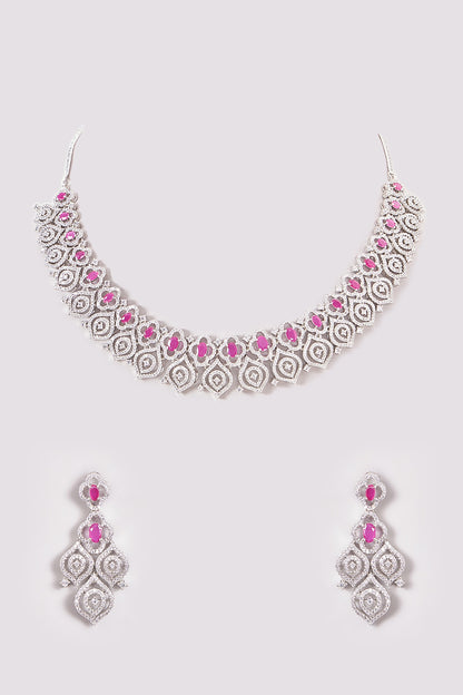 White Finish Zircon & Red Stone Necklace Set