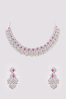 White Finish Zircon & Red Stone Necklace Set