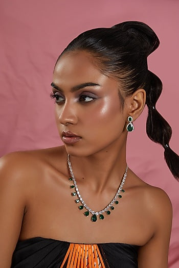 White Finish Zircon & Green Stone Necklace Set