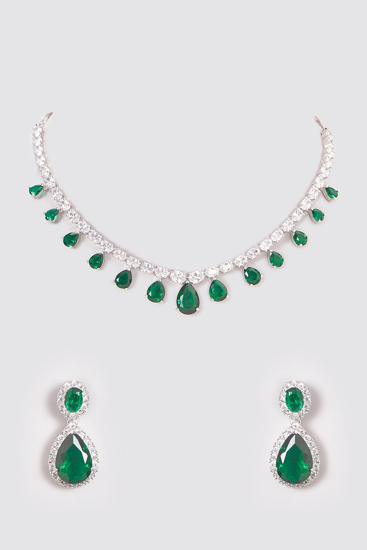 White Finish Zircon & Green Stone Necklace Set