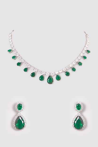 White Finish Zircon & Green Stone Necklace Set