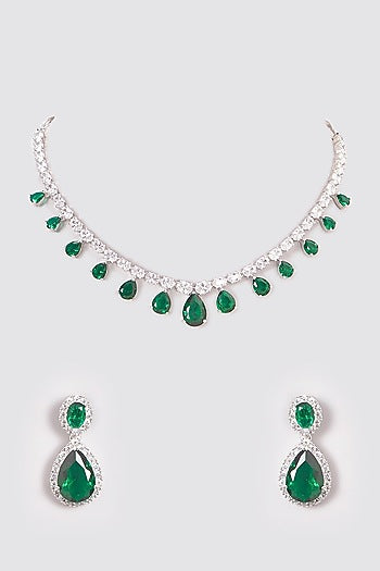 White Finish Zircon & Green Stone Necklace Set