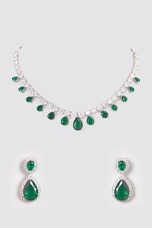 White Finish Zircon & Green Stone Necklace Set