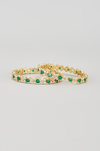 Gold Finish Zircon & Green Stone Bangles (Set of 2)