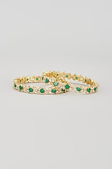 Gold Finish Zircon & Green Stone Bangles (Set of 2)