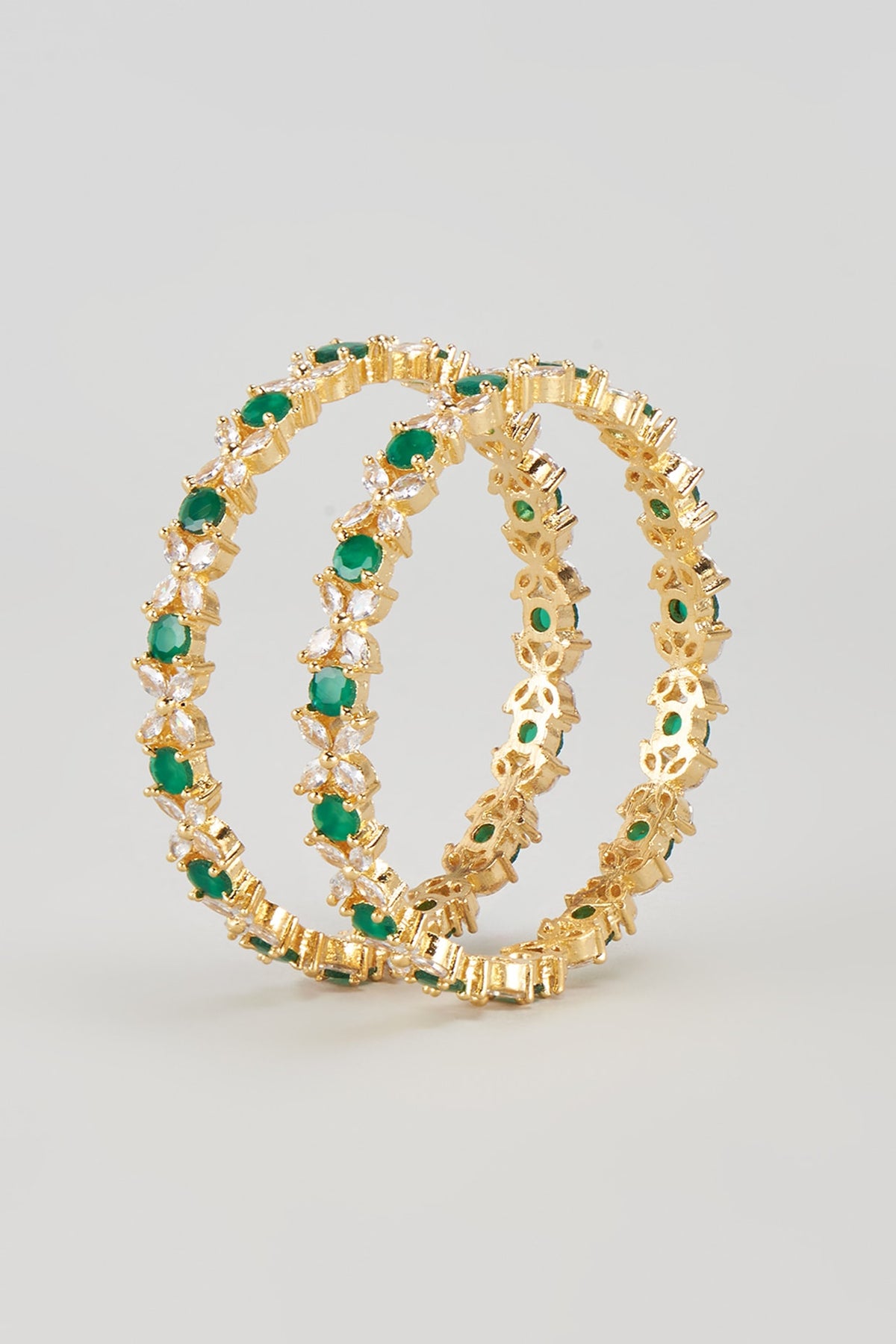 Gold Finish Zircon & Green Stone Bangles (Set of 2)