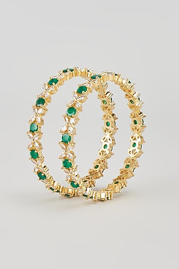 Gold Finish Zircon & Green Stone Bangles (Set of 2)