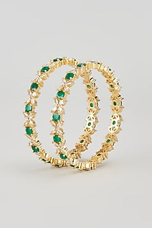 Gold Finish Zircon & Green Stone Bangles (Set of 2)