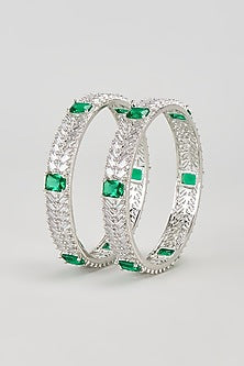 White Finish Zircon & Green Stone Bangles (Set of 2)