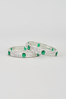 White Finish Zircon & Green Stone Bangles (Set of 2)