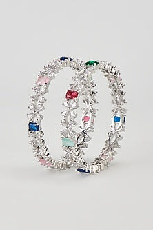 White Finish Zirco & Multi-Colored Stone Bangles (Set of 2)