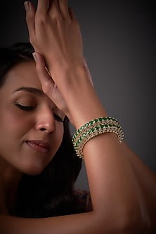 Gold Finish Zircon & Green Stone Bangles (Set of 2)