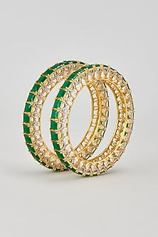Gold Finish Zircon & Green Stone Bangles (Set of 2)