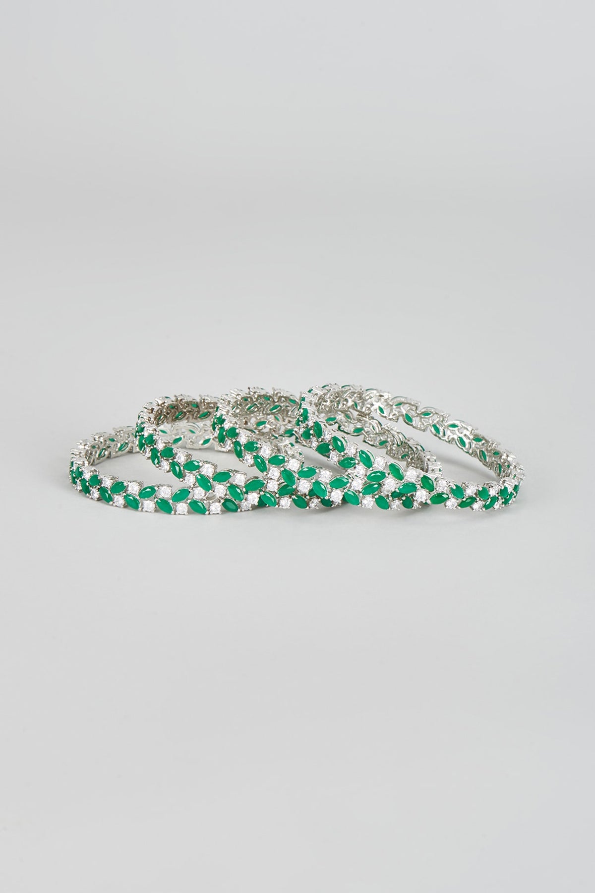 White Finish Zircon & Green Stone Bangles (Set of 4)