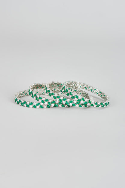 White Finish Zircon & Green Stone Bangles (Set of 4)