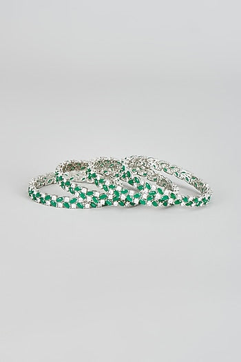White Finish Zircon & Green Stone Bangles (Set of 4)