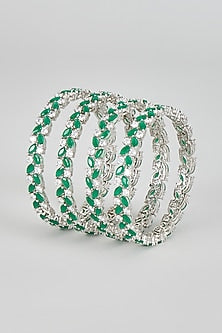 White Finish Zircon & Green Stone Bangles (Set of 4)