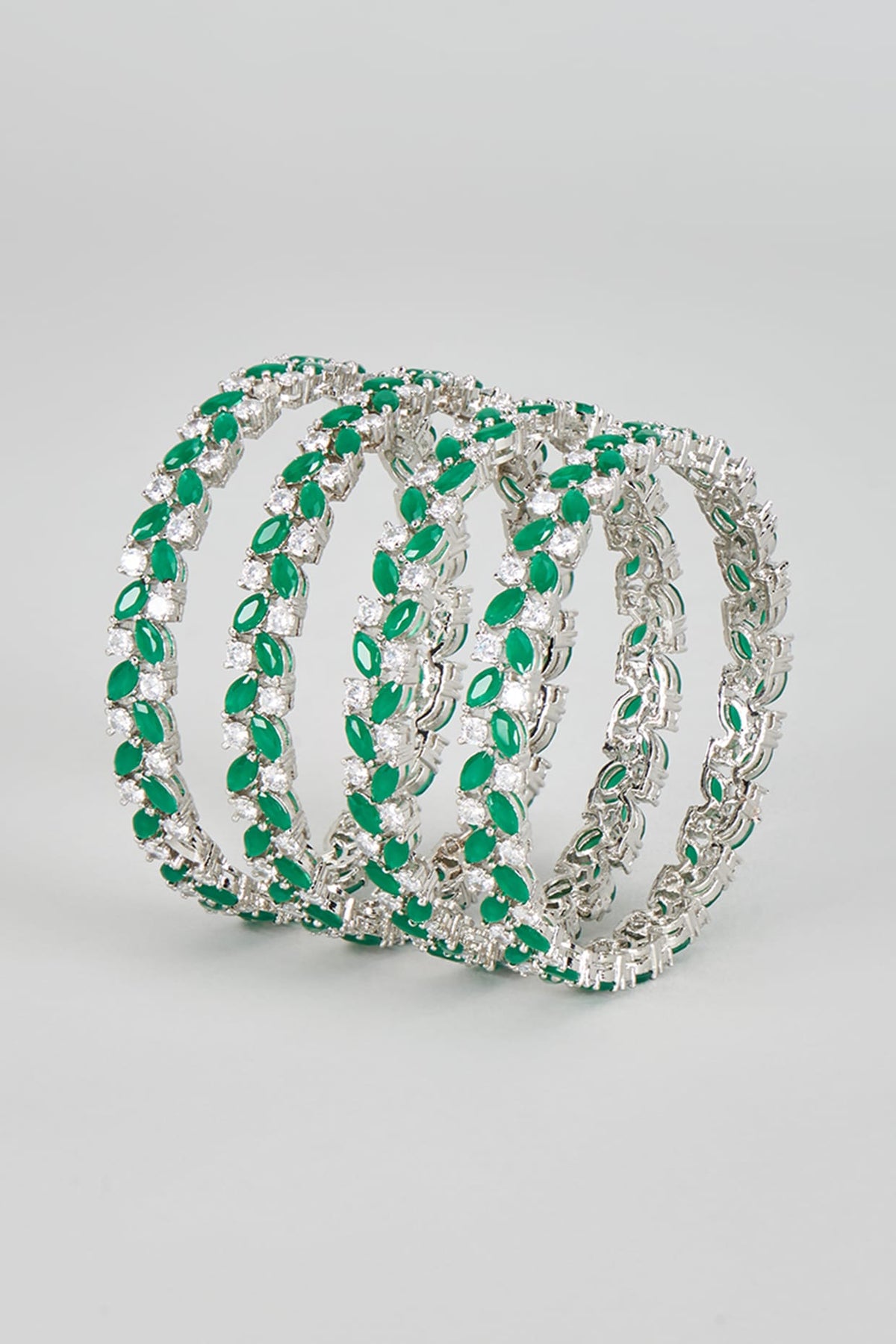 White Finish Zircon & Green Stone Bangles (Set of 4)