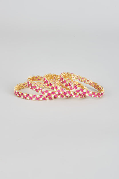Gold Finish Zircon & Red Stone Bangles (Set of 4)