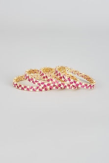Gold Finish Zircon & Red Stone Bangles (Set of 4)