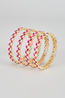 Gold Finish Zircon & Red Stone Bangles (Set of 4)