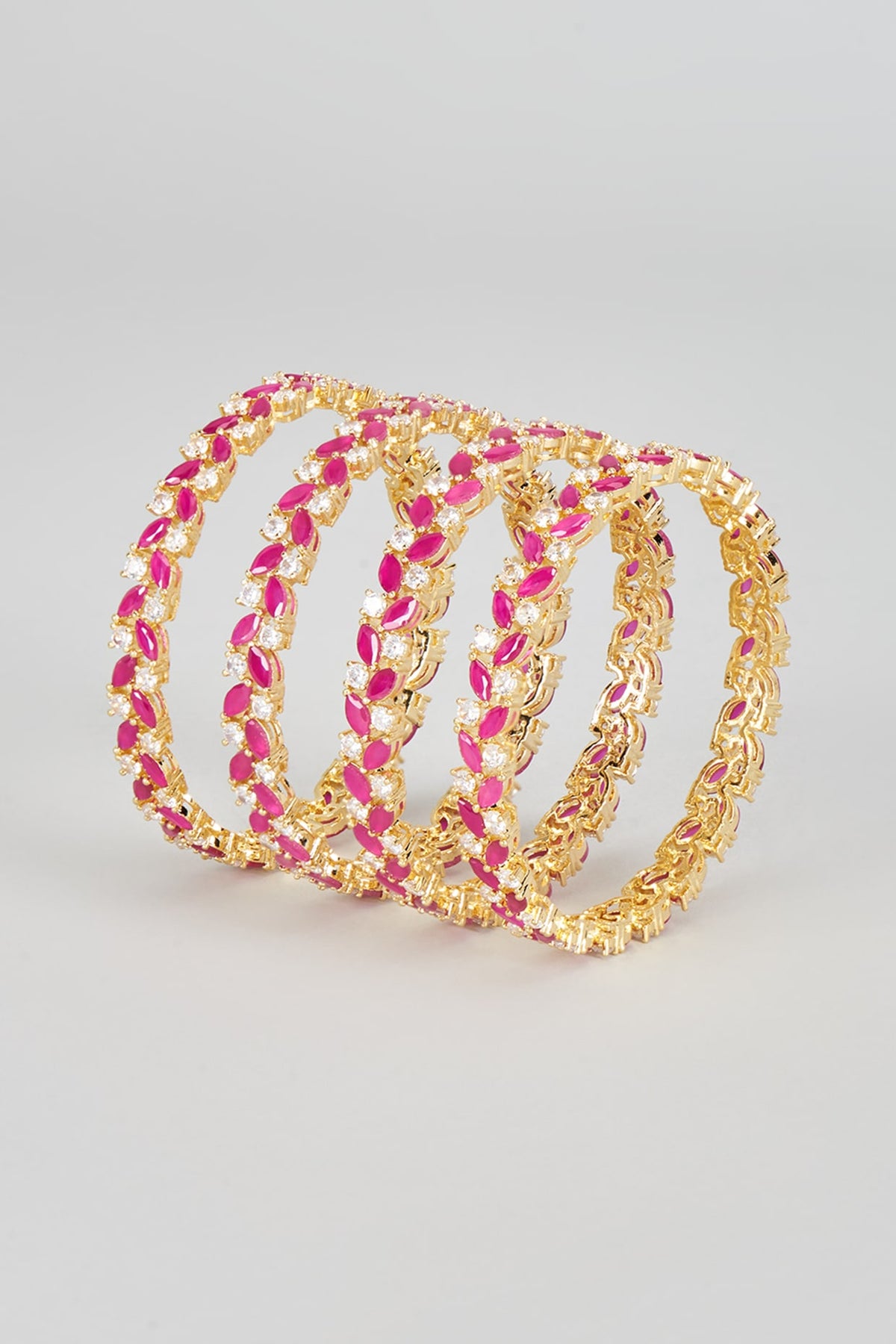 Gold Finish Zircon & Red Stone Bangles (Set of 4)