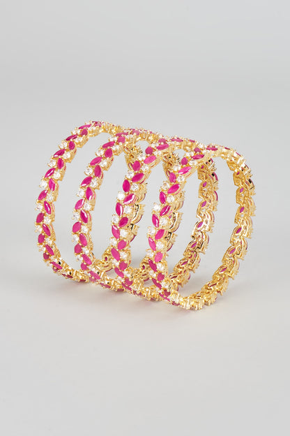 Gold Finish Zircon & Red Stone Bangles (Set of 4)