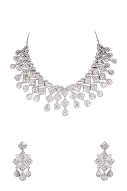 White Finish Faux Diamond Necklace Set
