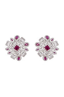 White Finish Faux Diamond & Stone Stud Earrings