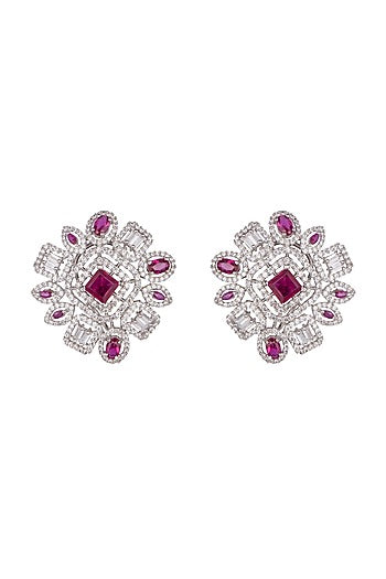 White Finish Faux Diamond & Stone Stud Earrings