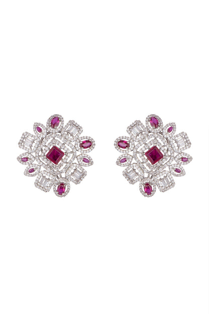 White Finish Faux Diamond & Stone Stud Earrings